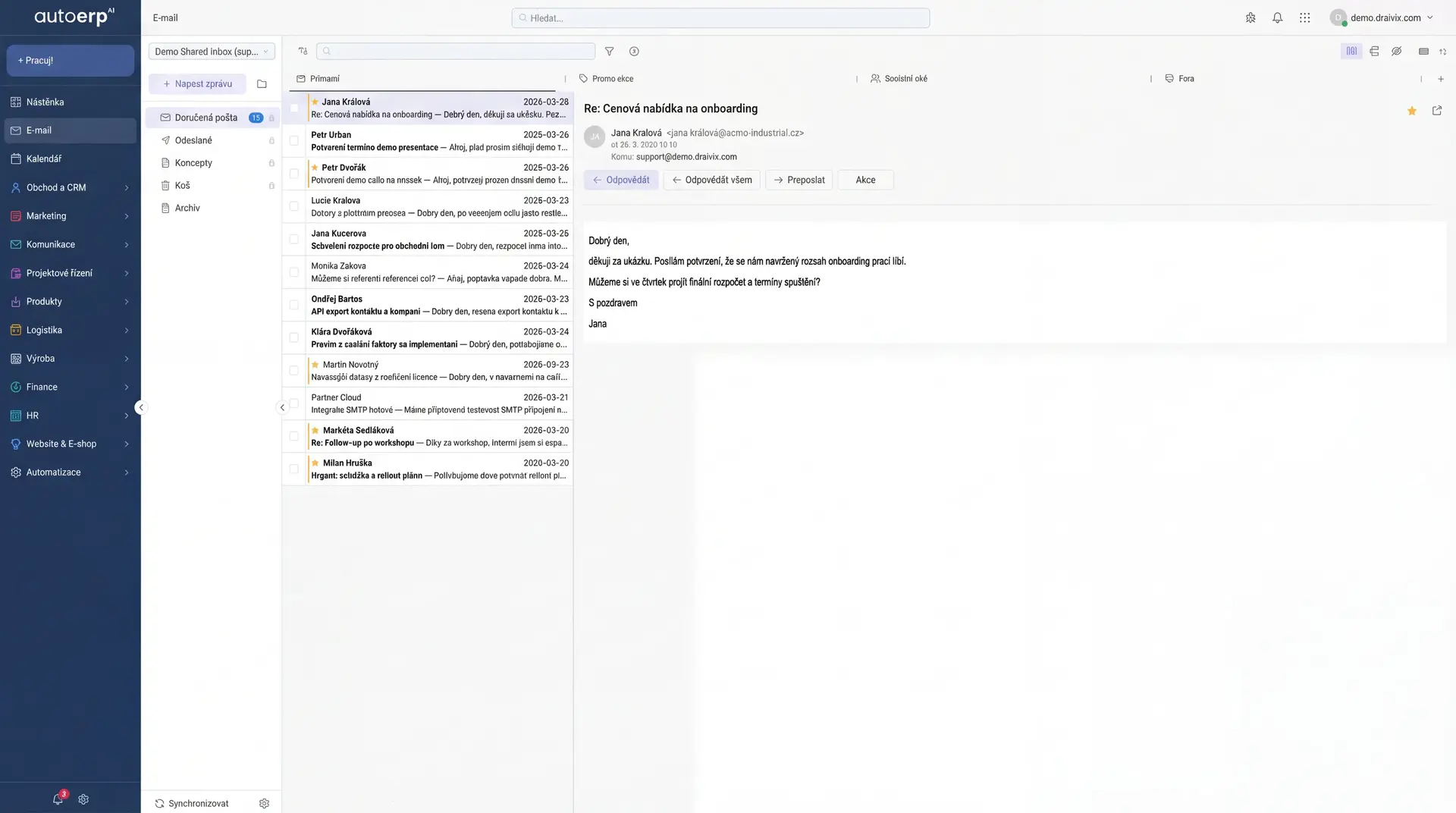 AutoCRM firemní email - přehled doručené pošty