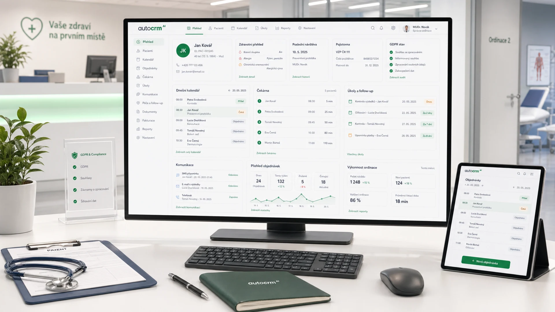 AutoCRM zdravotnictví - dashboard ordinace a péče o pacienty