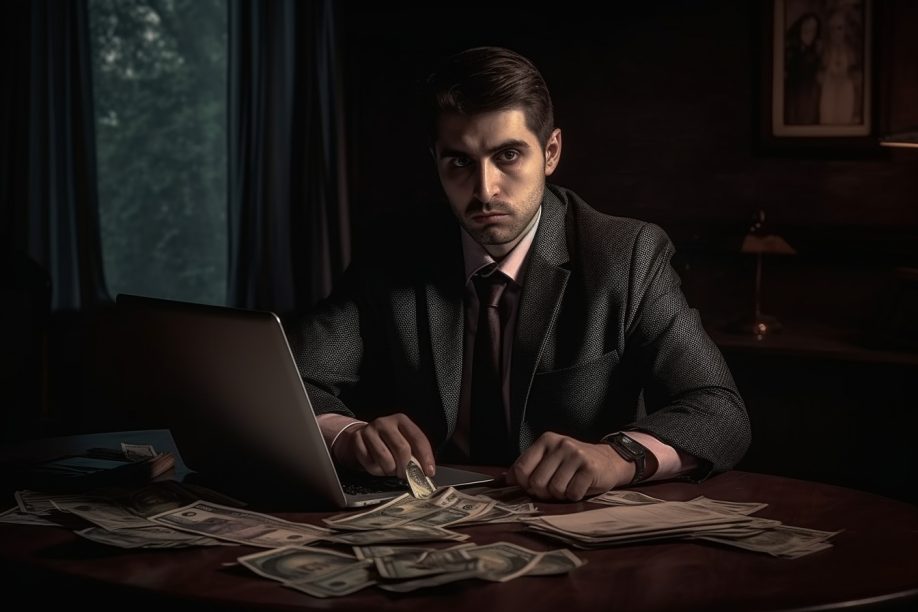 sad man in a suit handing a lot of money to a laptop
