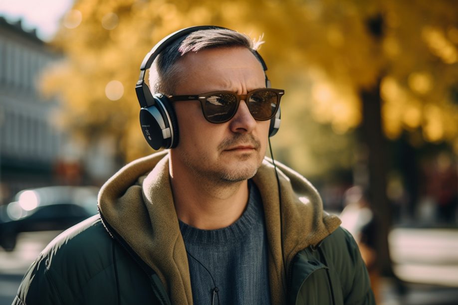 h4k4t0 a man on a walk listens to an audiobook with headphones
